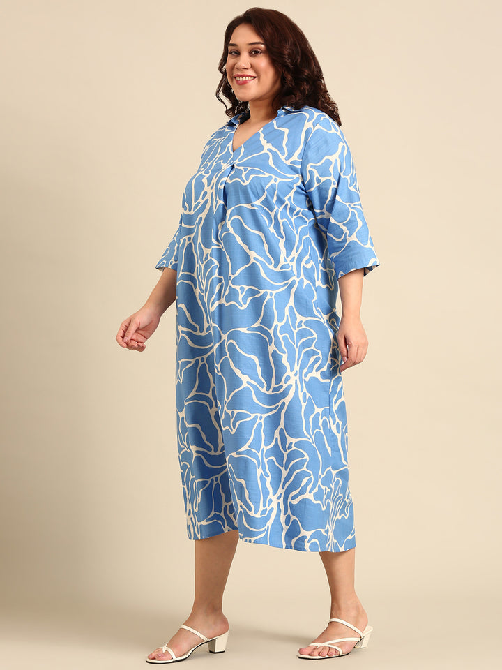 Blue Printed Collar Dress