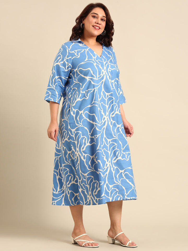 Blue Printed Collar Dress