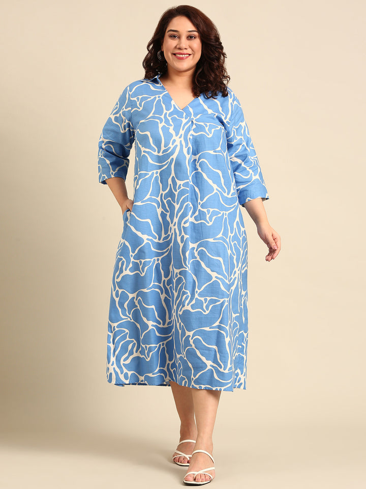 Blue Printed Collar Dress