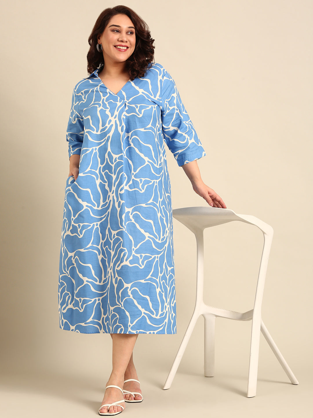 Blue Printed Collar Dress