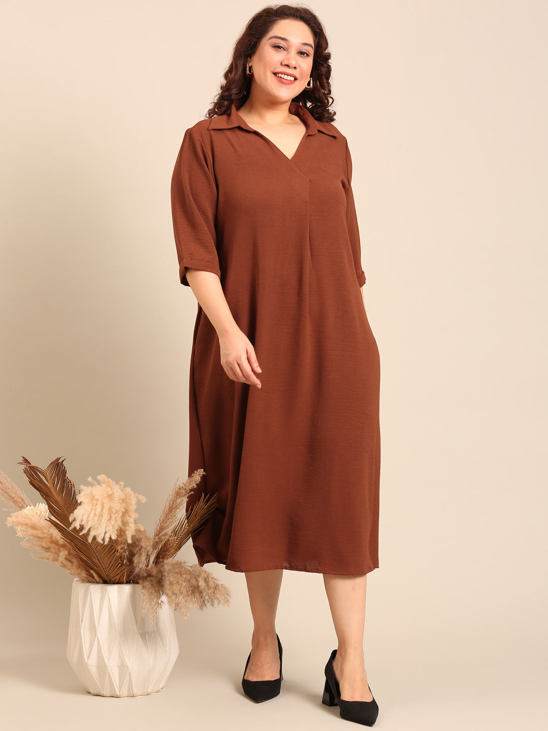 Brown Collar Neck Maxi Dress