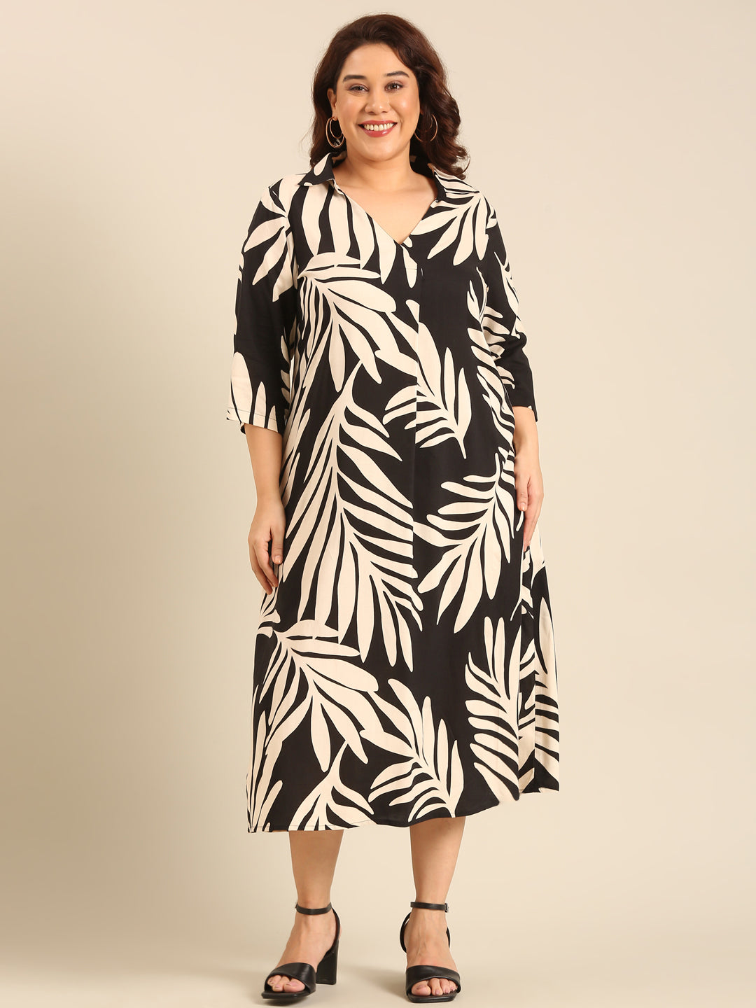 Black And Beige Leaf Printed Dress