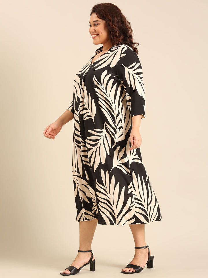 Black And Beige Leaf Printed Dress