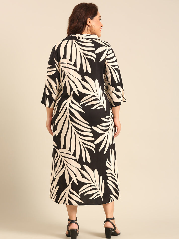 Black And Beige Leaf Printed Dress