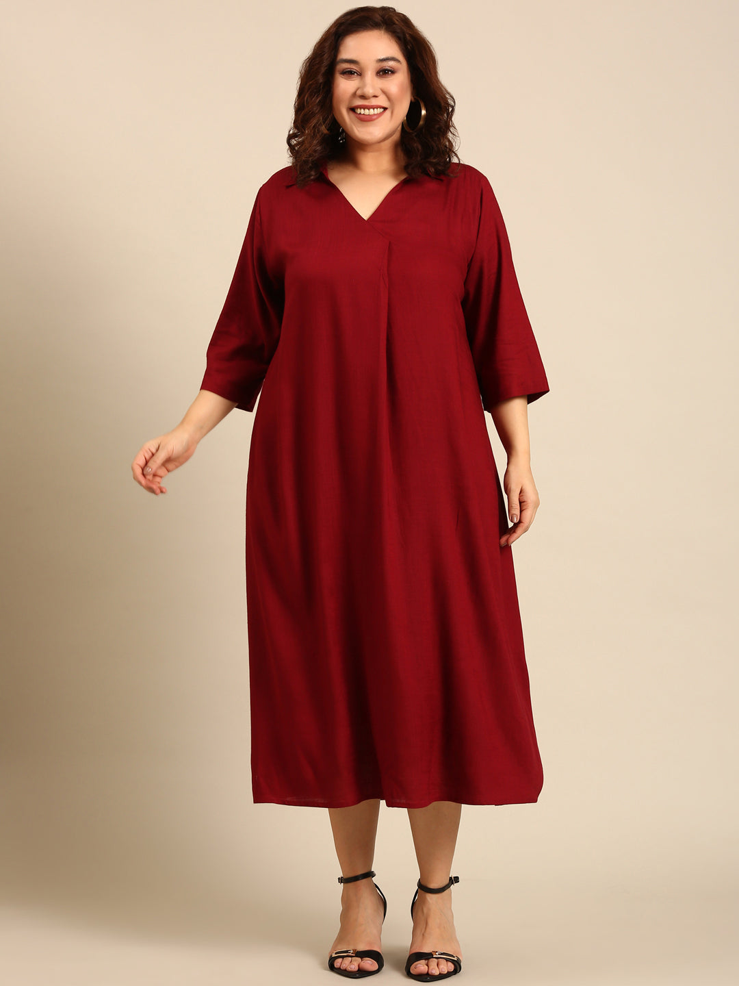 Maroon Cotton Collar-Neck Maxi Dress