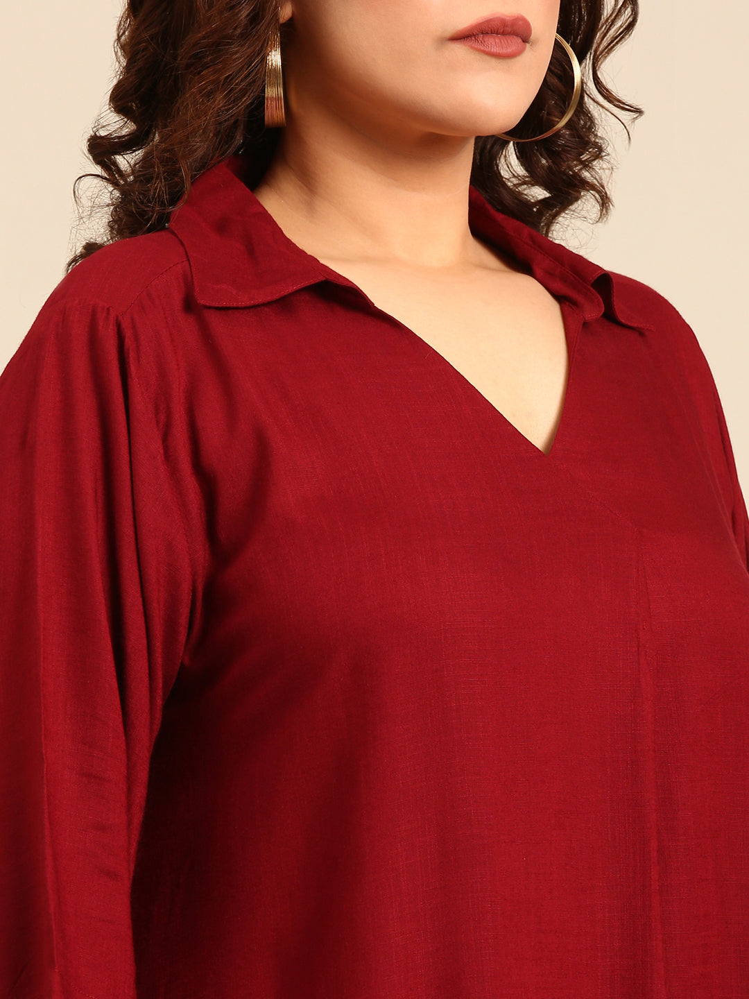 Maroon Cotton Collar-Neck Maxi Dress