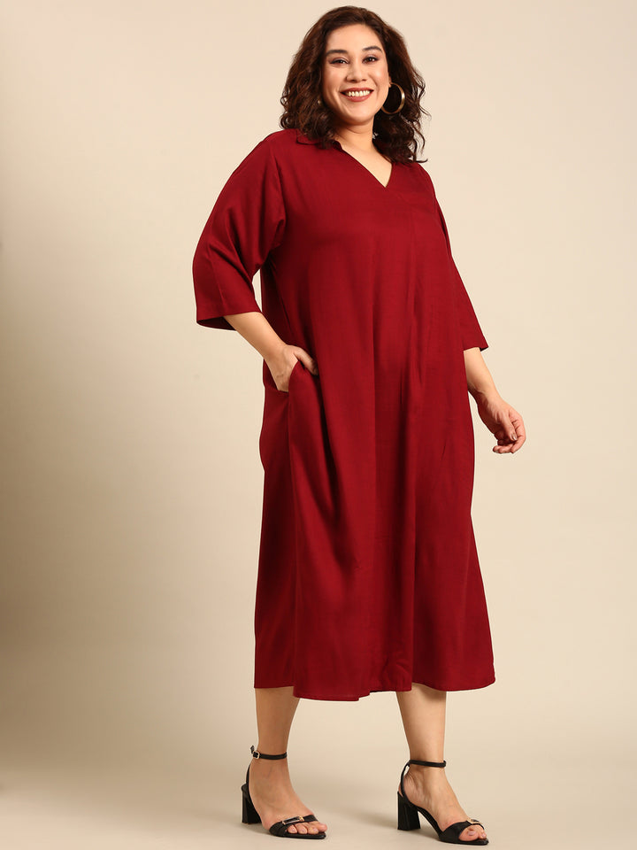 Maroon Cotton Collar-Neck Maxi Dress