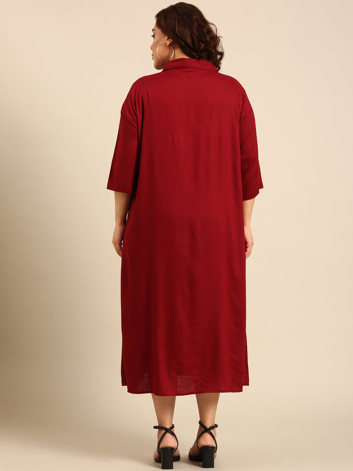 Maroon Cotton Collar-Neck Maxi Dress