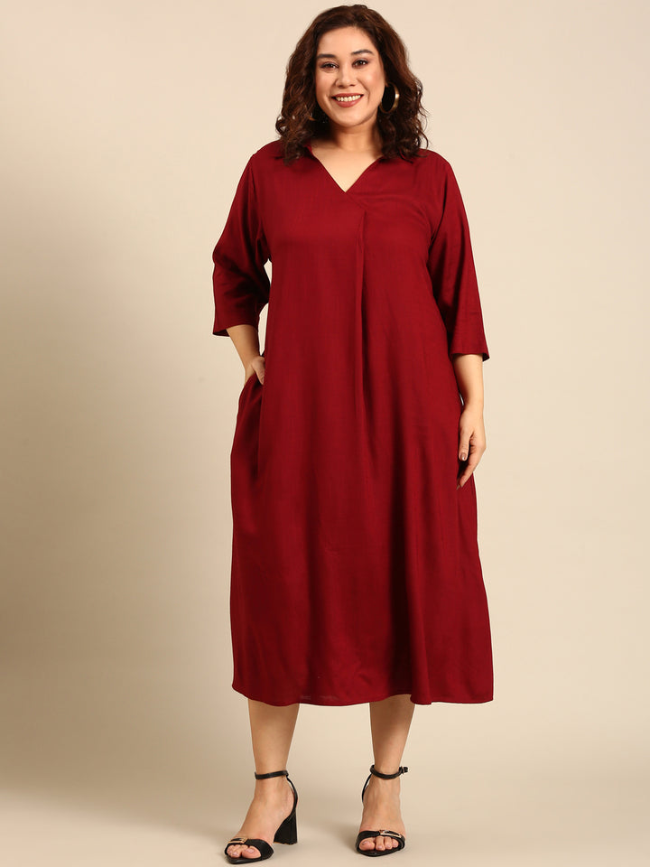 Maroon Cotton Collar-Neck Maxi Dress