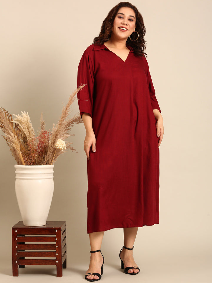 Maroon Cotton Collar-Neck Maxi Dress