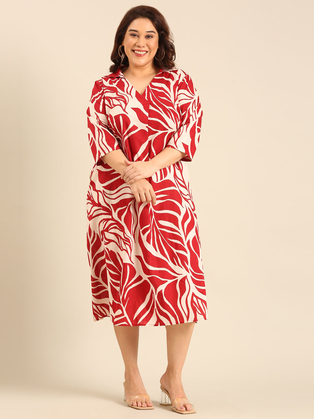 Red And Beige Leaf Printed Dress