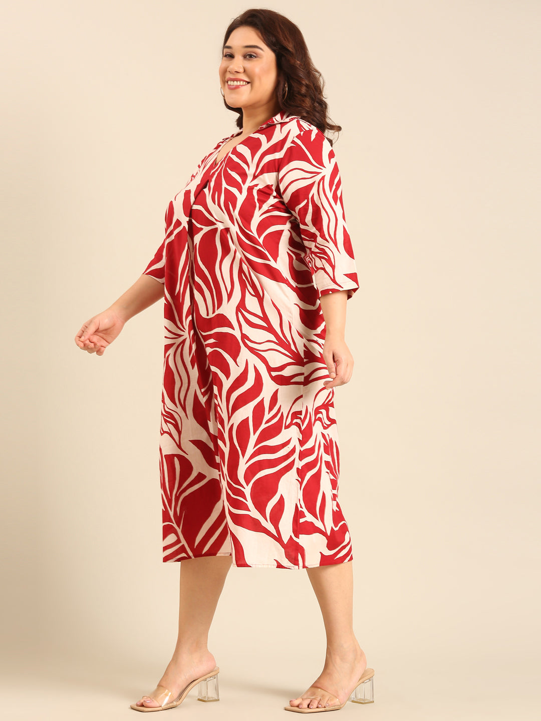 Red And Beige Leaf Printed Dress