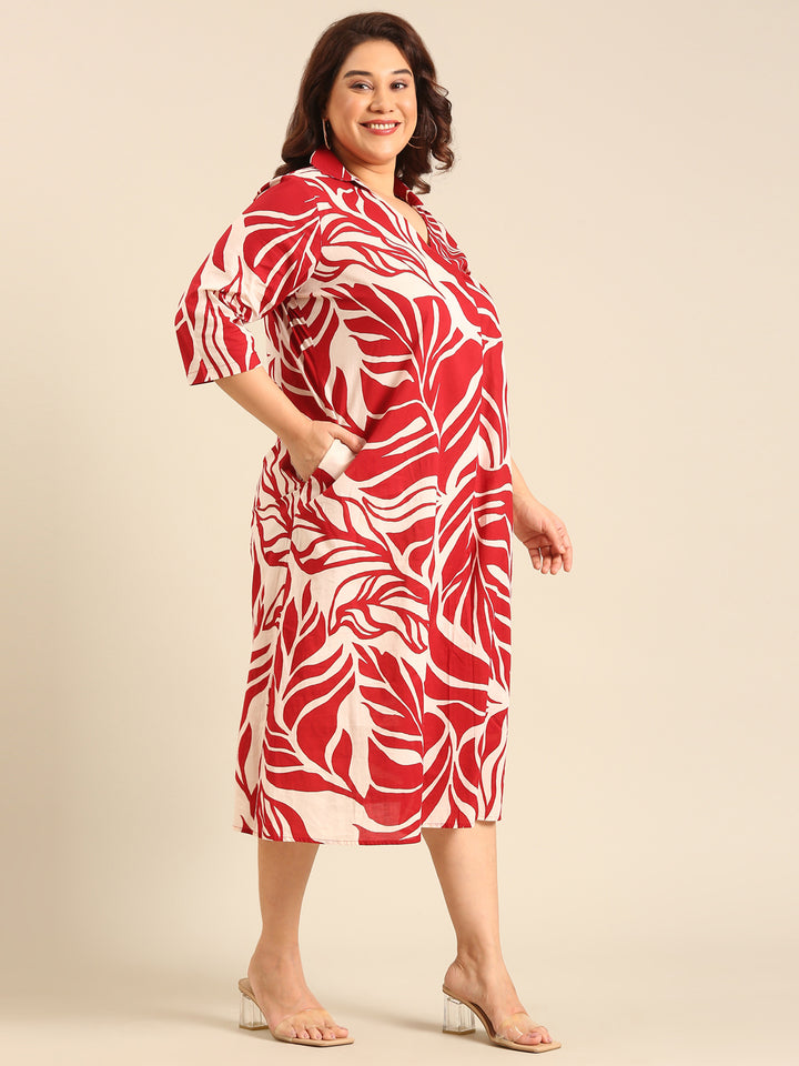 Red And Beige Leaf Printed Dress