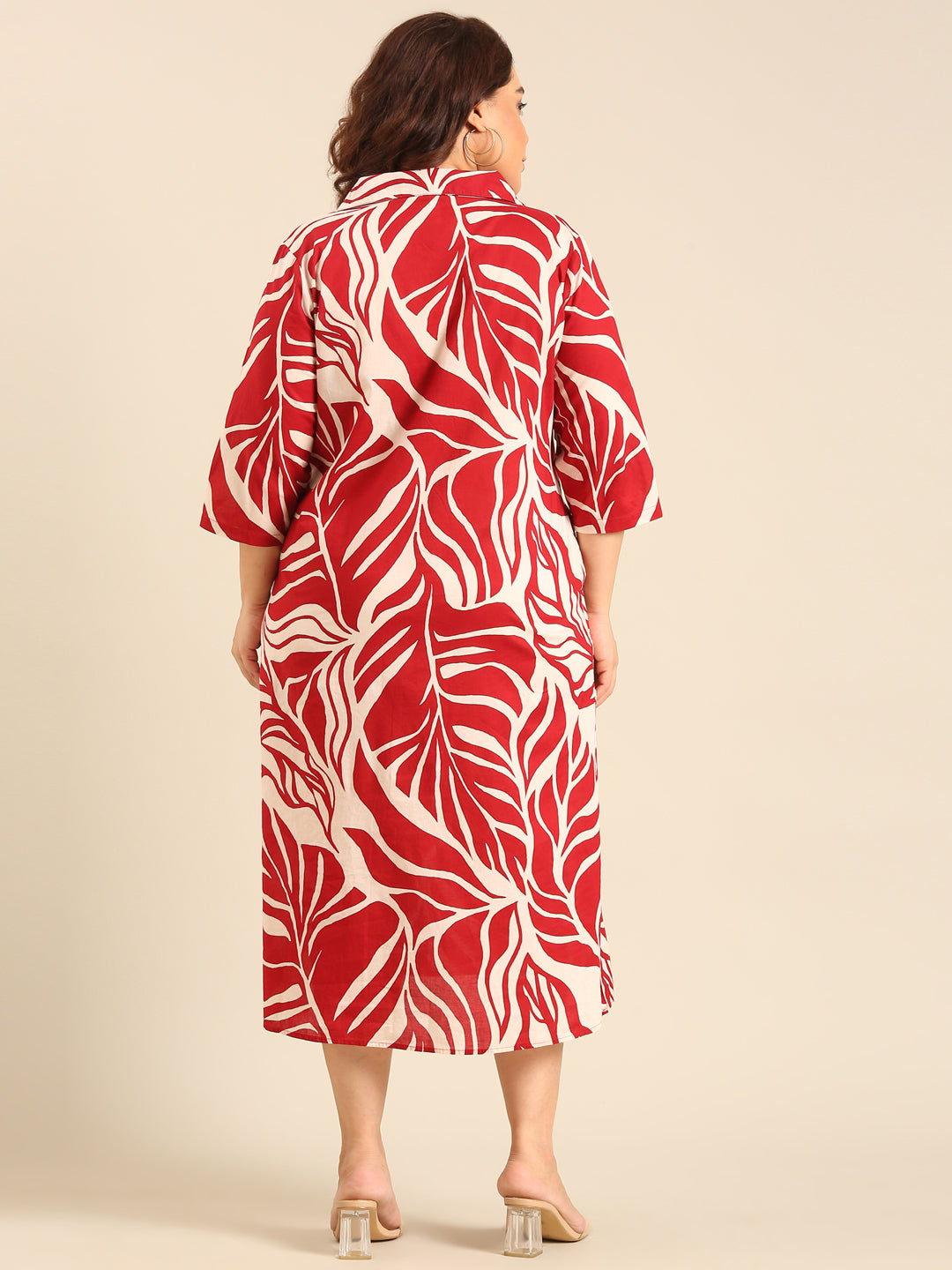 Red And Beige Leaf Printed Dress