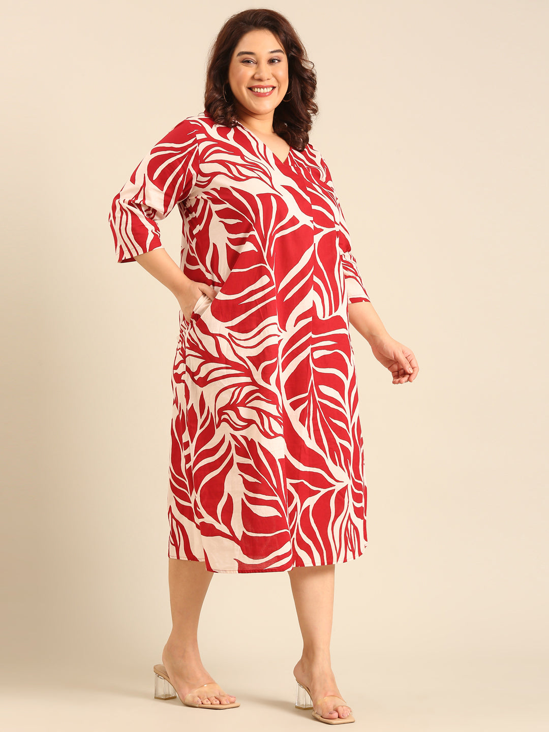 Red And Beige Leaf Printed Dress