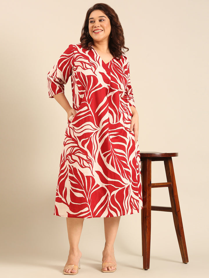 Red And Beige Leaf Printed Dress