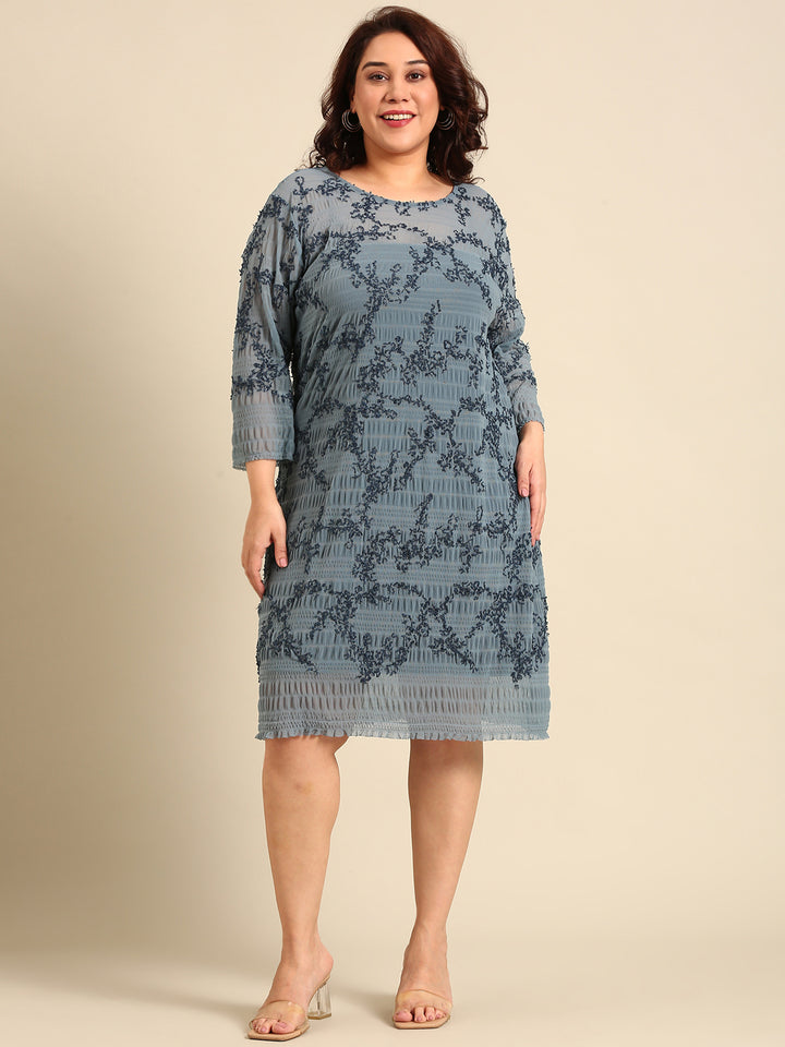 Blue Embroidered Mesh Dress