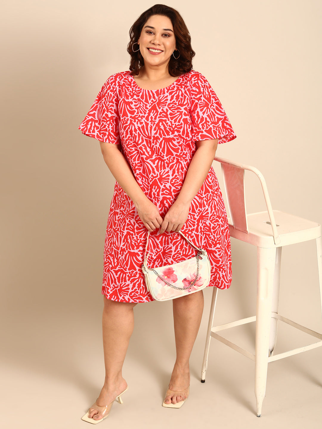 PINK AND RED PRINTED A-LINE DRESS