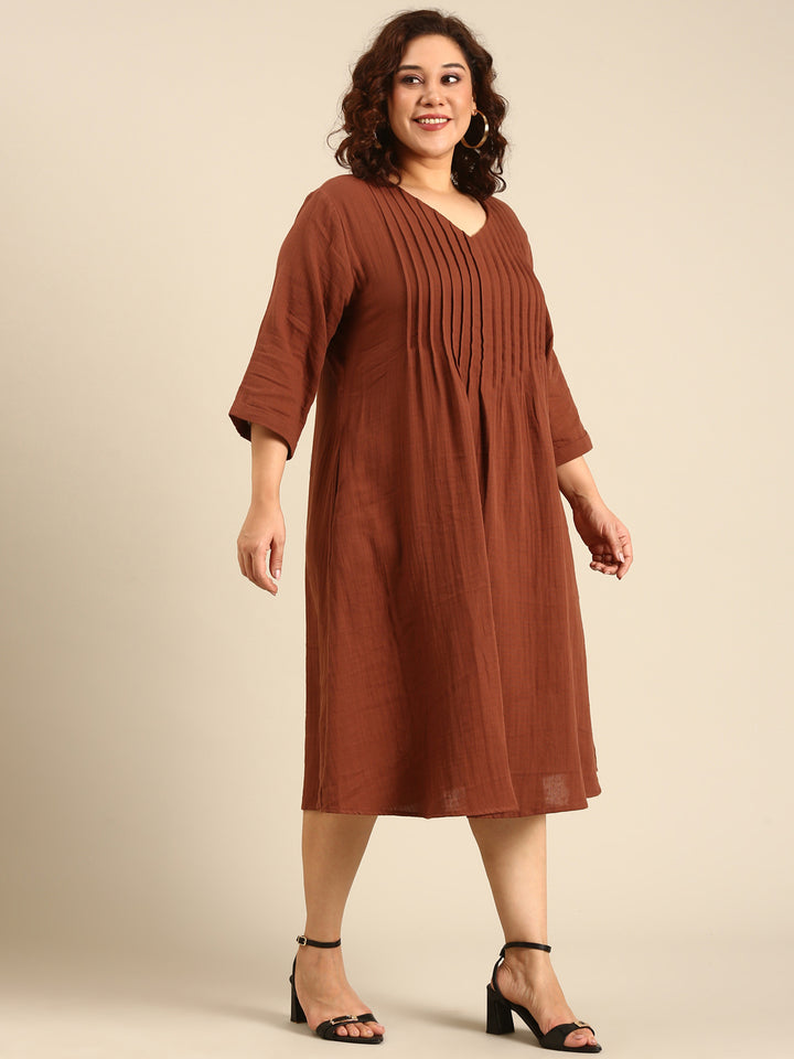 Brown Cotton PinTuck Dress