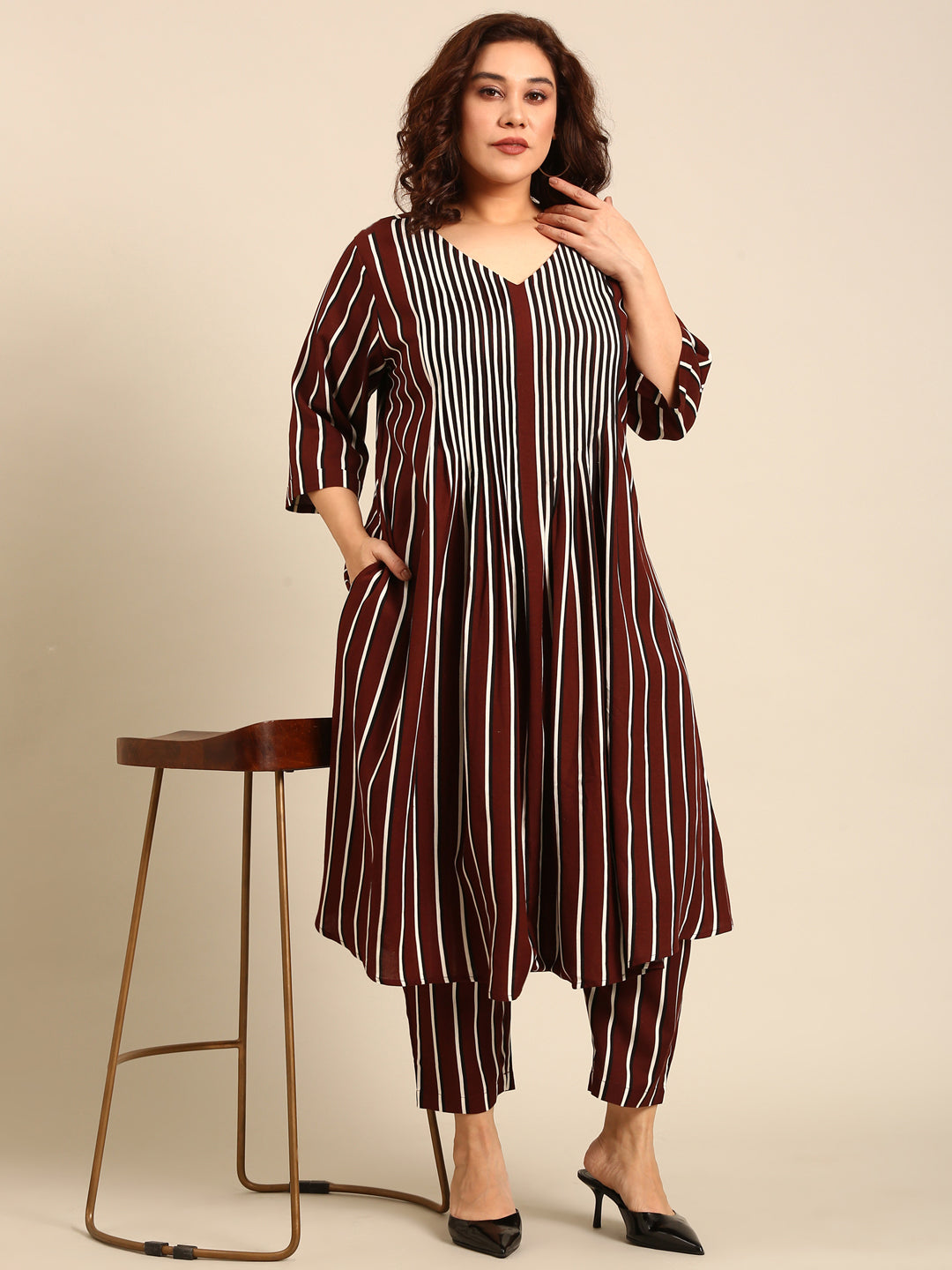 Cotton Brown Striped Pintuk Dress
