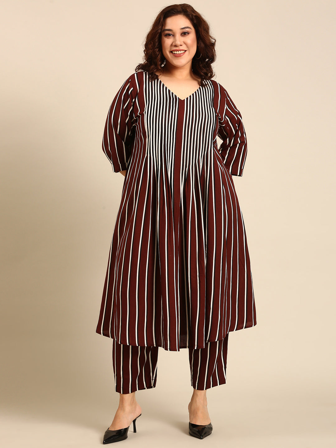 Cotton Brown Striped Pintuk Dress