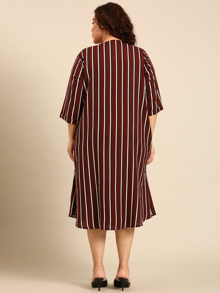 Cotton Brown Striped Pintuk Dress