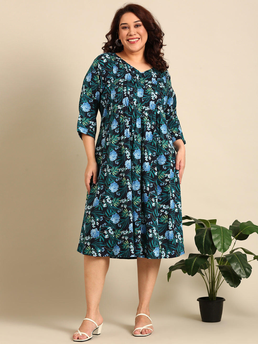 Navy Floral Pintuck Dress