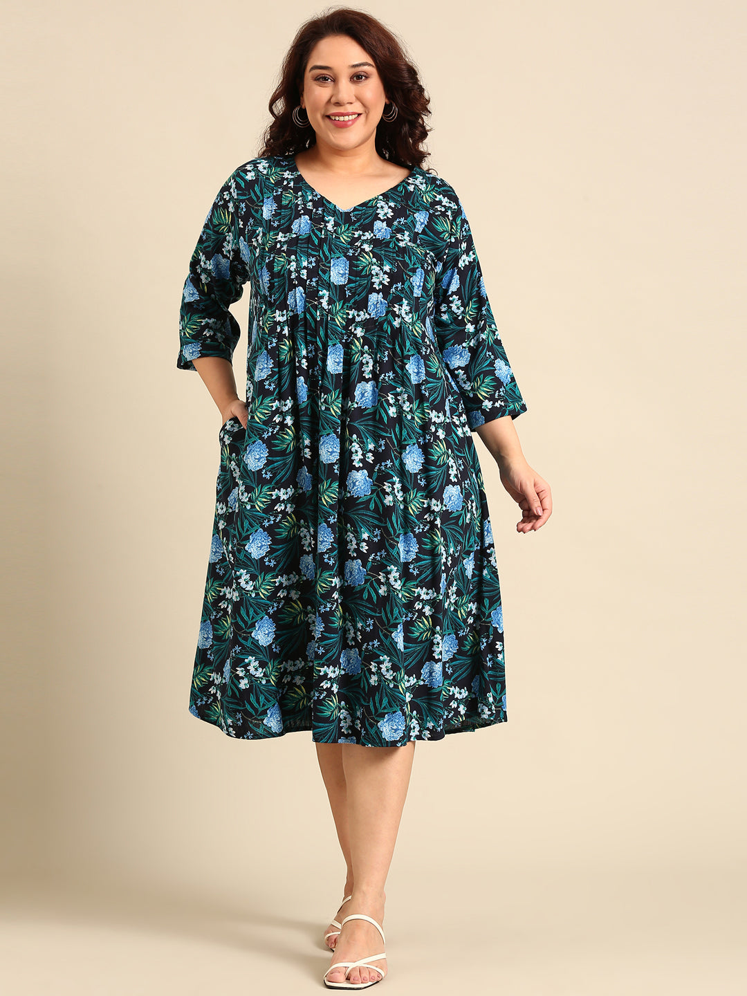 Navy Floral Pintuck Dress