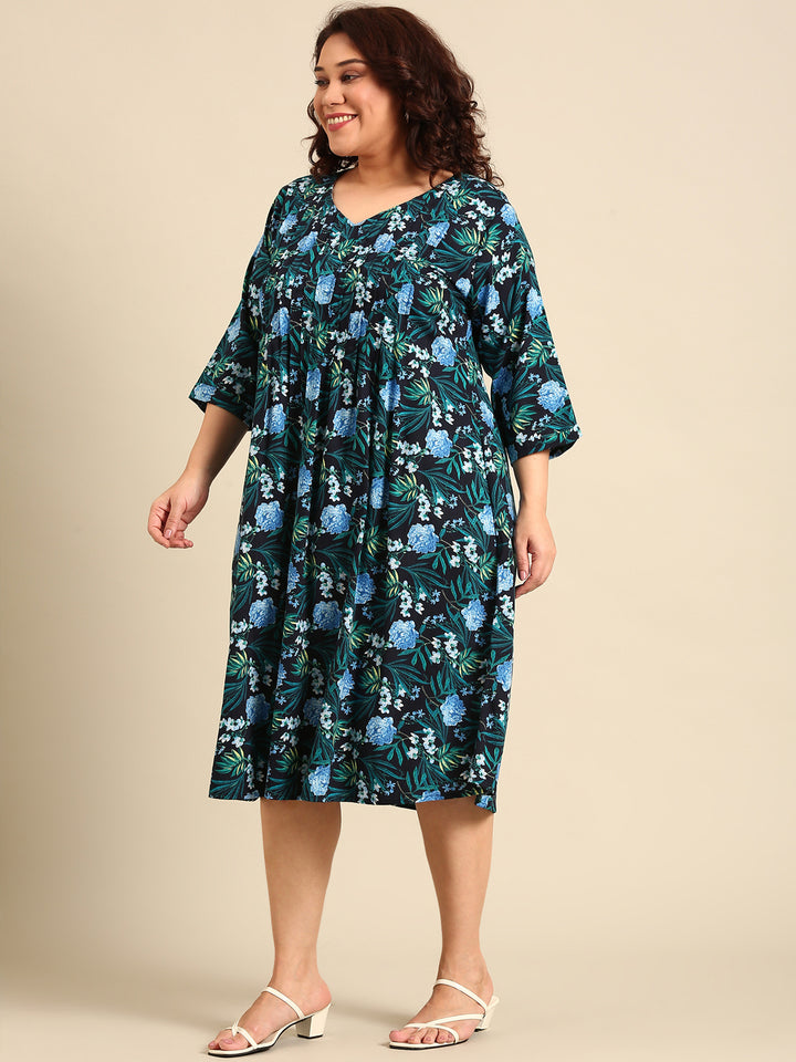 Navy Floral Pintuck Dress