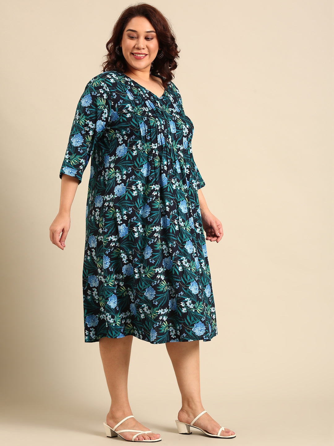 Navy Floral Pintuck Dress