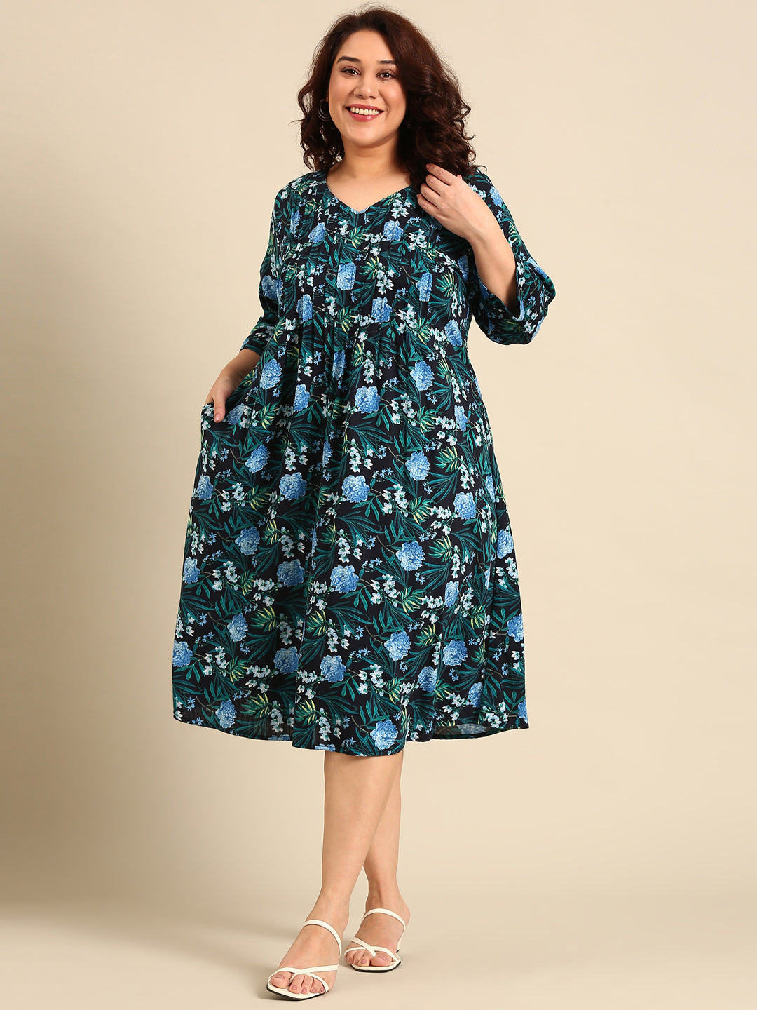 Navy Floral Pintuck Dress