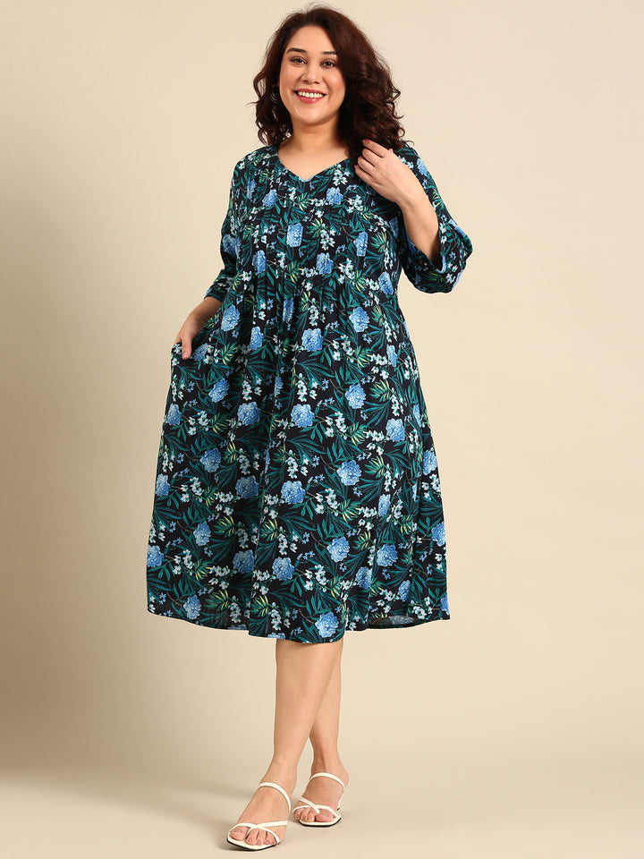 Navy Floral Pintuck Dress