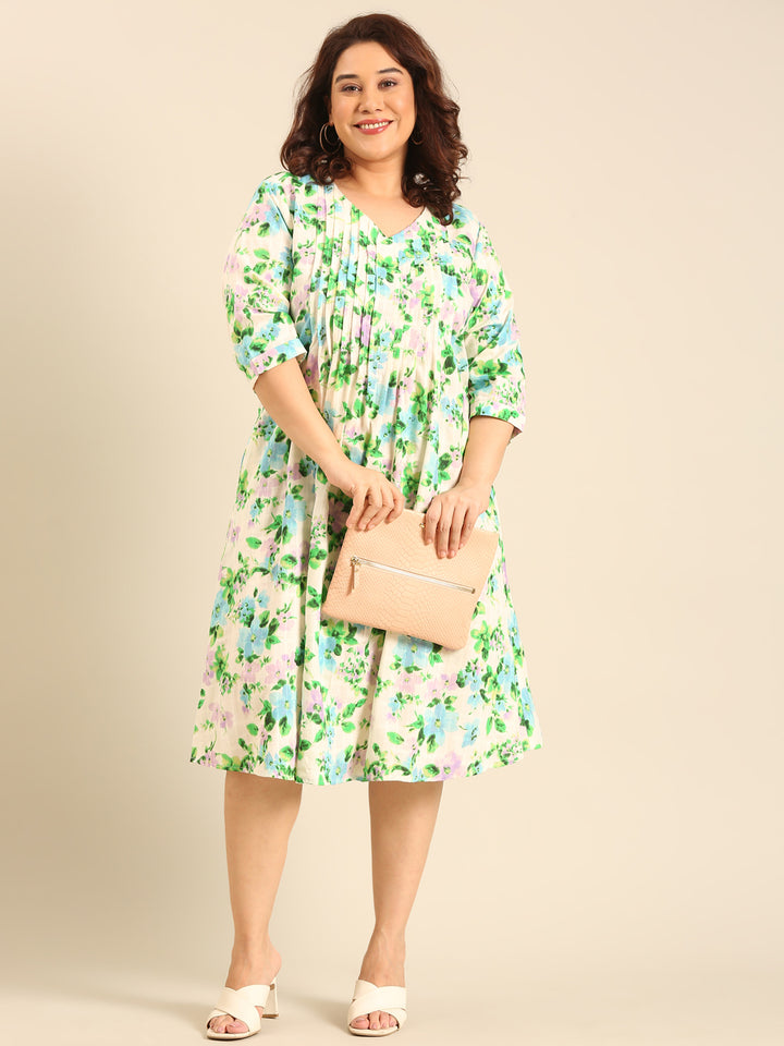 Beige Floral Pintuck Dress