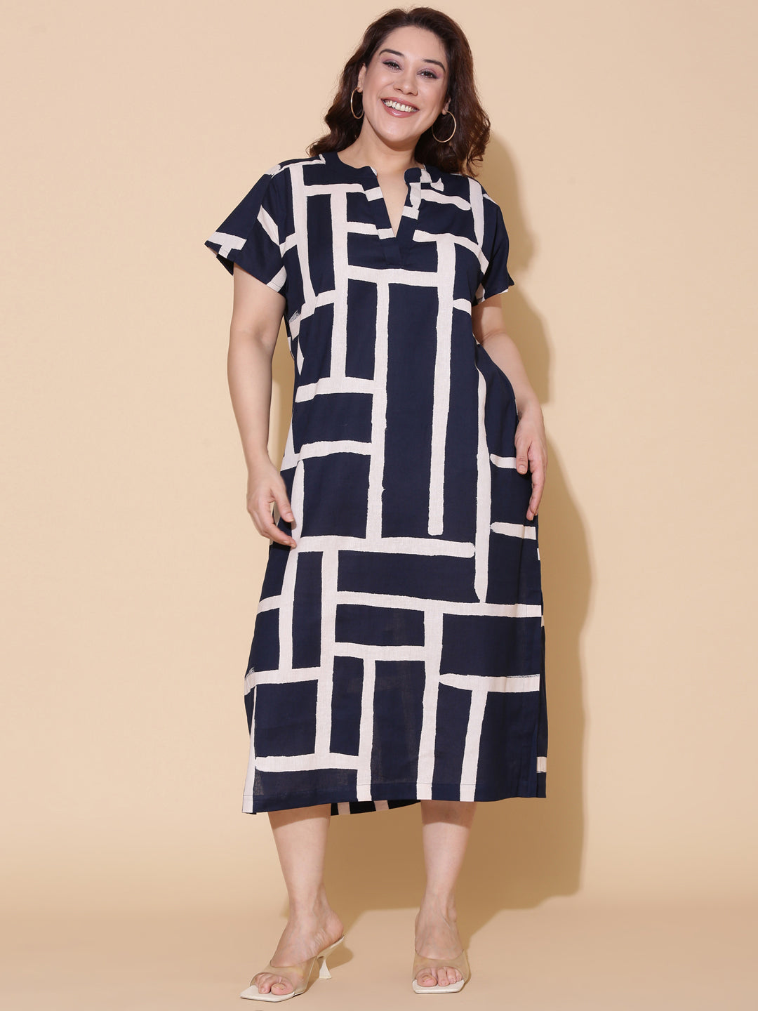 Navy Linen Printed Maxi Dress