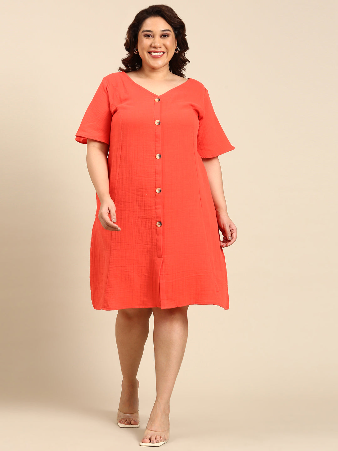 SOLID ORANGE A-LINE BUTTON DRESS