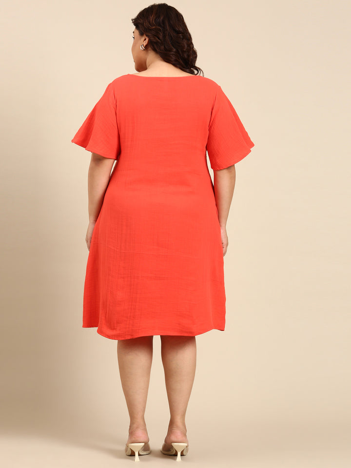 SOLID ORANGE A-LINE BUTTON DRESS