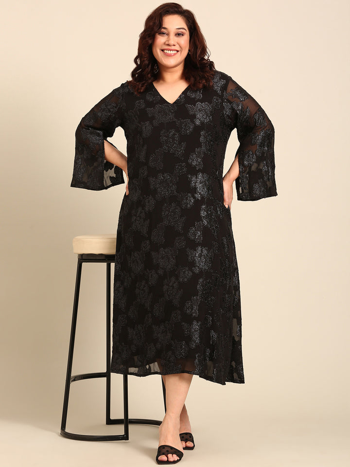 Black Jacquard A-line Dress