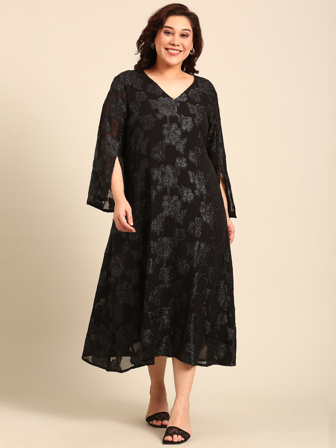 Black Jacquard A-line Dress