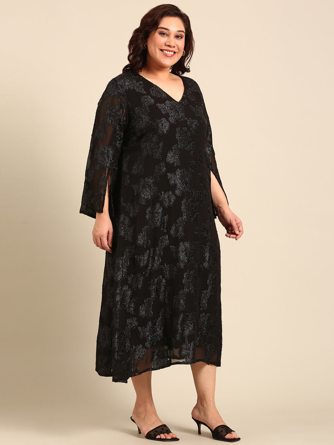 A-line Midi Dress with Slit Sleeves