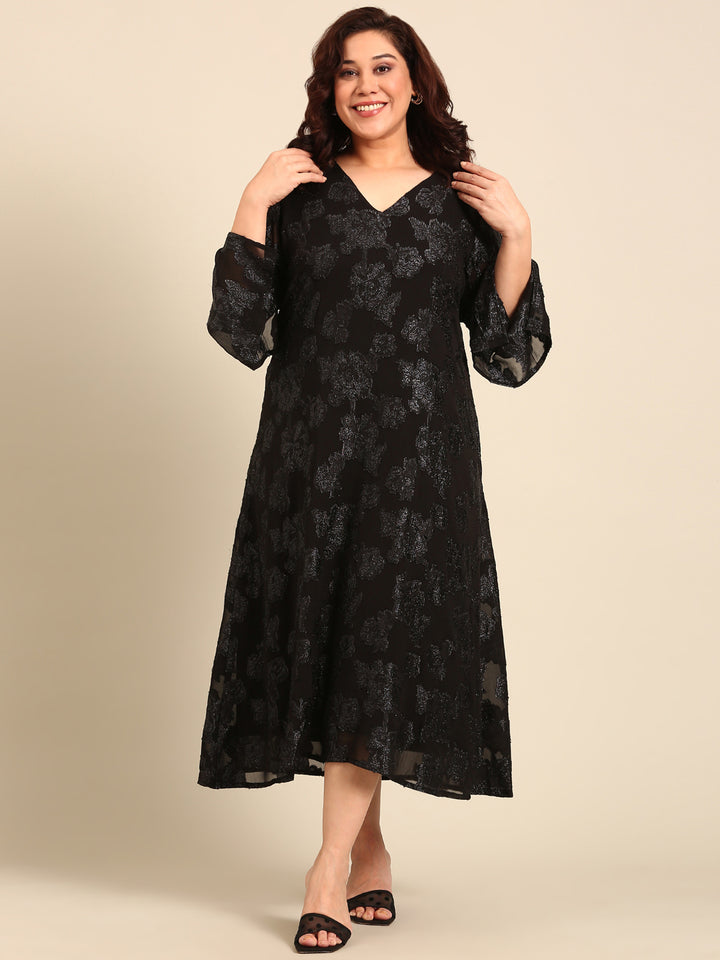 Black Jacquard A-line Dress