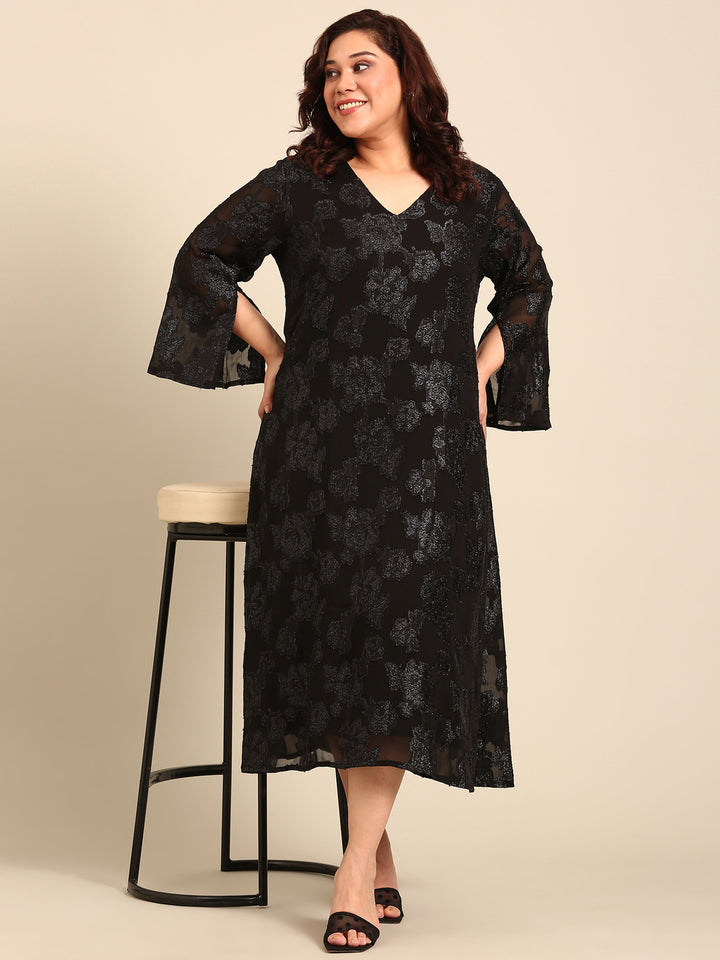 Black Jacquard A-line Dress