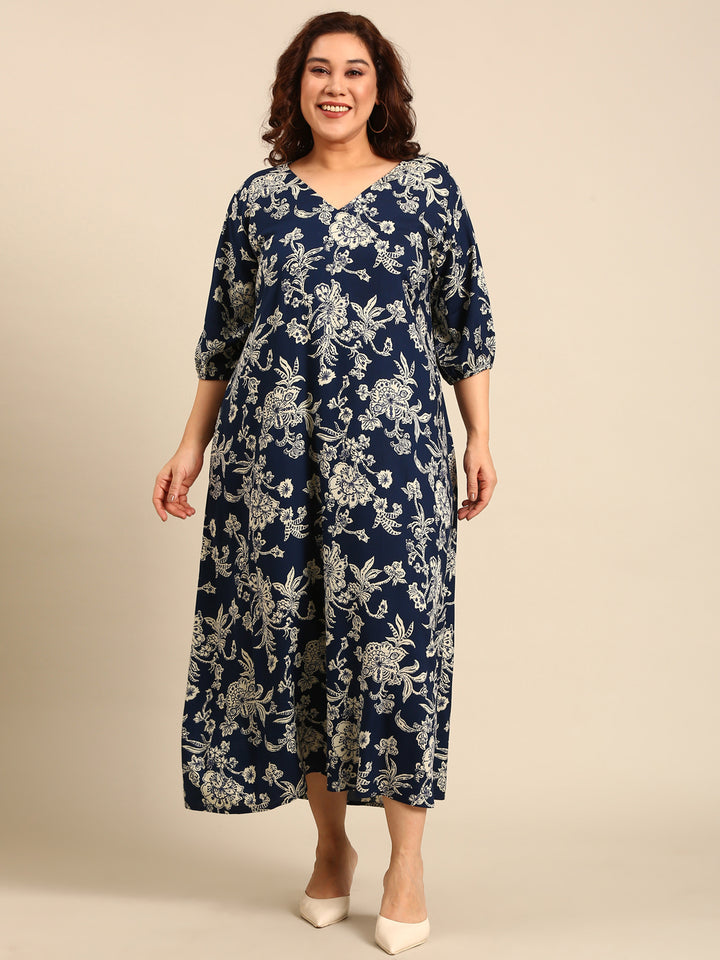 Navy Tropical Print Maxi Dress