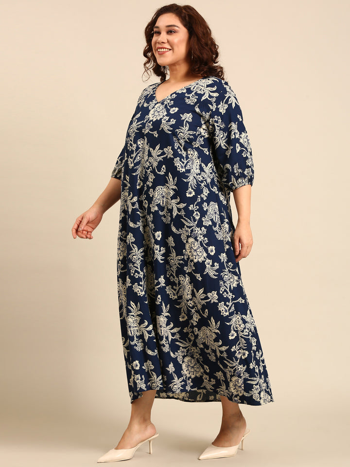 Navy Tropical Print Maxi Dress