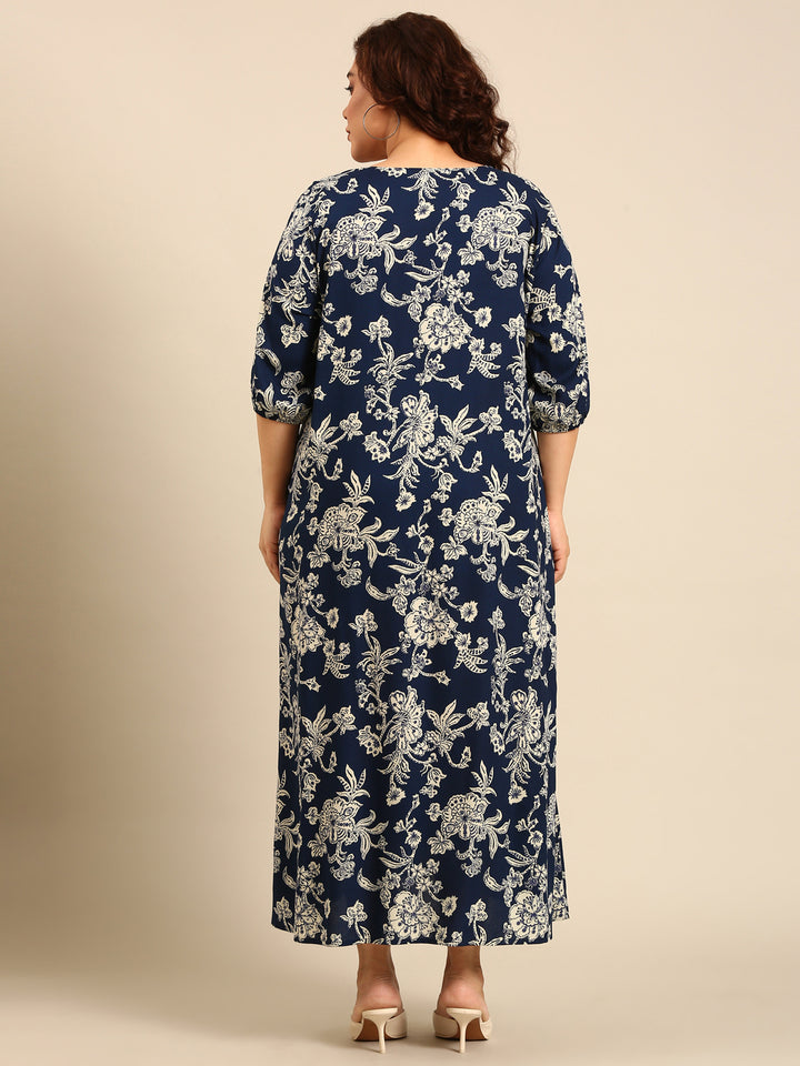 Navy Tropical Print Maxi Dress