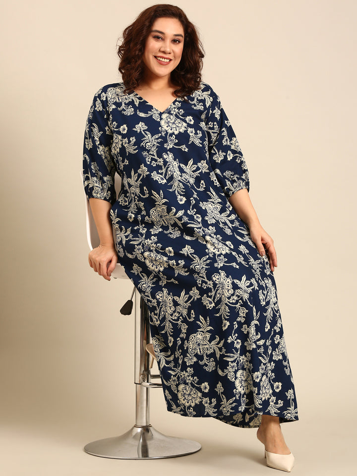 Navy Tropical Print Maxi Dress