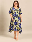 Blue and Olive Floral A-Line Dress