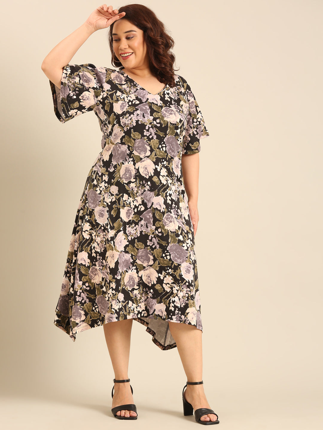 Black And Beige Floral Dress