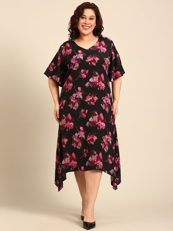 Black Pink Floral Printed A-line Dress And Belt Combo