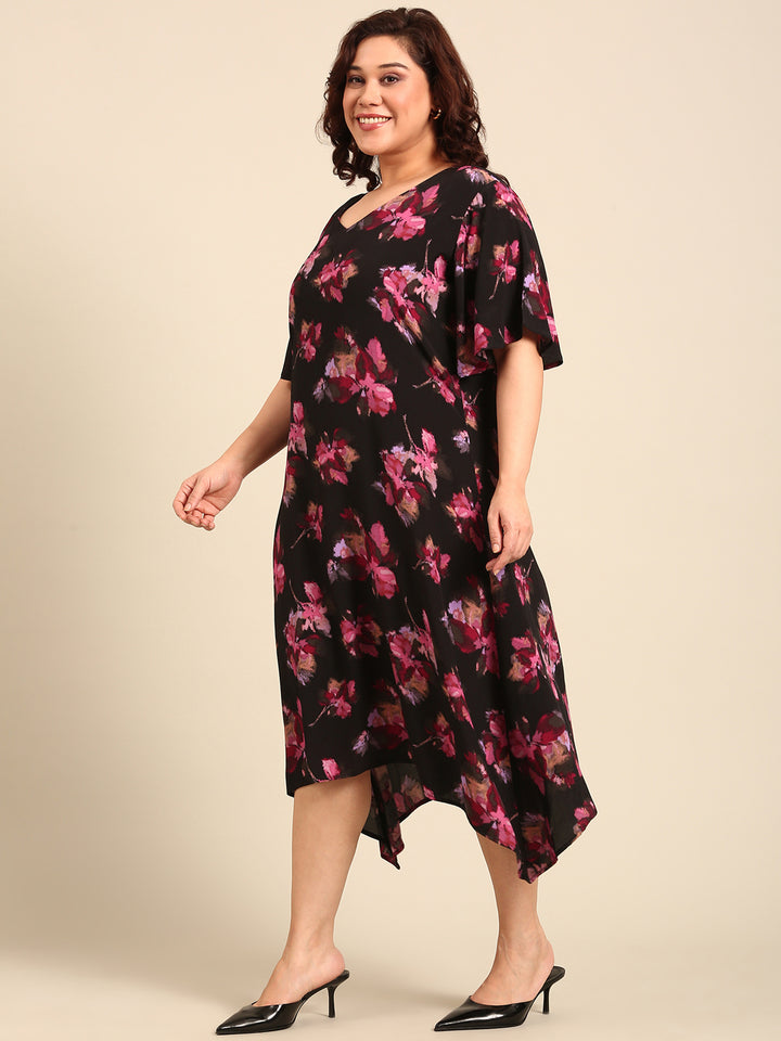 Black Pink Floral Printed A-line Dress And Belt Combo