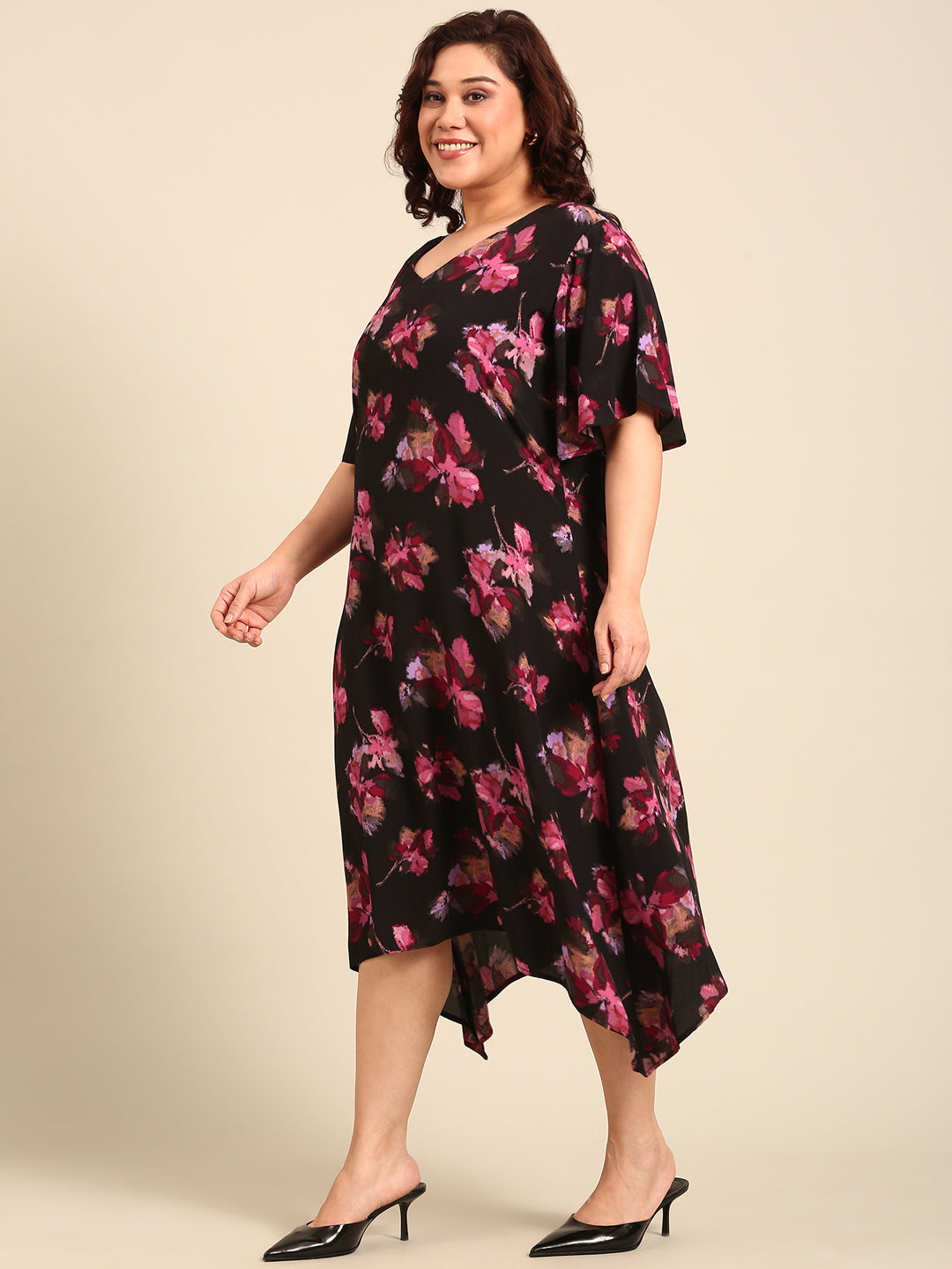 Black & Pink Floral Printed A-line Dress